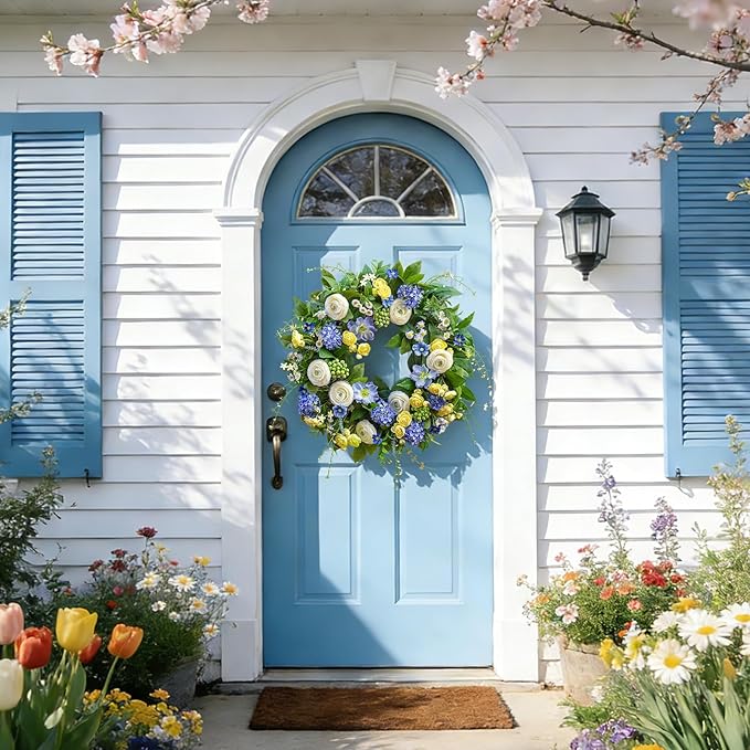 24 Inch Spring Wreath for Front Door, Artificial Hydrangea, Anemone & Wild Daisy Flowers with Berry Accents, Spring and Summer Door Wreath for Indoor Outdoor Decor