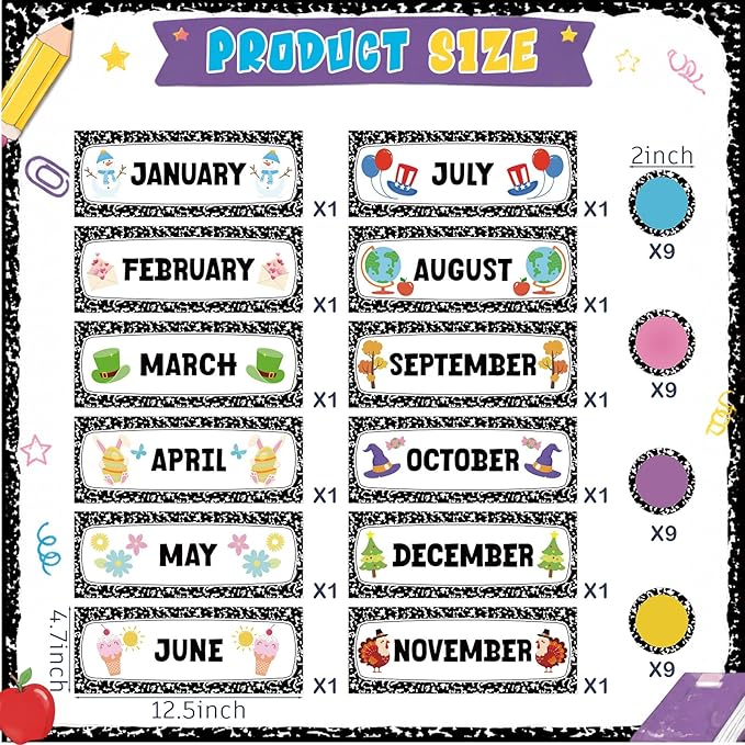 Zonon 48 Pcs Months of the Year Bulletin Board Set 12 Monthly Headliners Holiday Seasonal Monthly Bulletin Board Borders with 36 Round Blank Confetti Cutouts for Classroom (Trendy Style)