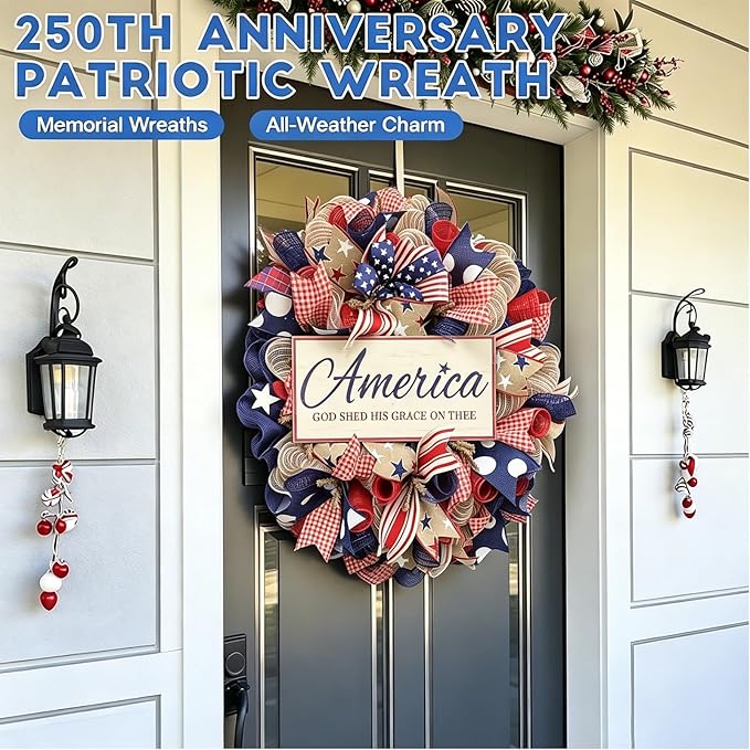 250th Anniversary Patriotic Wreath, 1776-2026 American Independence Day Wreath,16 in Red White Blue Front Door Wreath, Indoor Outdoor Home Decor for 4th of July, Memorial Day, Veterans Day (D)