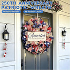 250th Anniversary Patriotic Wreath, 1776-2026 American Independence Day Wreath,16 in Red White Blue Front Door Wreath, Indoor Outdoor Home Decor for 4th of July, Memorial Day, Veterans Day (Z)