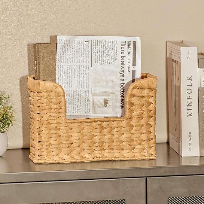 Set of 2 Magazine Holder Wall Basket Water Hyacinth Woven Mail Organizer, Wicker Wall Hanging Baskets for Magazines, Letters & Storage Decorative Mail Holder, Magazine Rack, 11.8x4.3x7.9 Inch