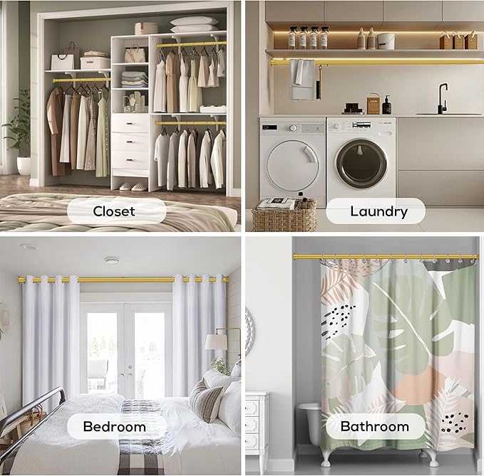 1.3 Inch Diameter Closet Rods for Hanging Clothes 17-39 Inch Adjustable, Metal Heavy Duty Closet Pole, Gold Closet Bar for Hanging Clothes, Suitable for Closet, Wardrobes, Bathroom, Windows