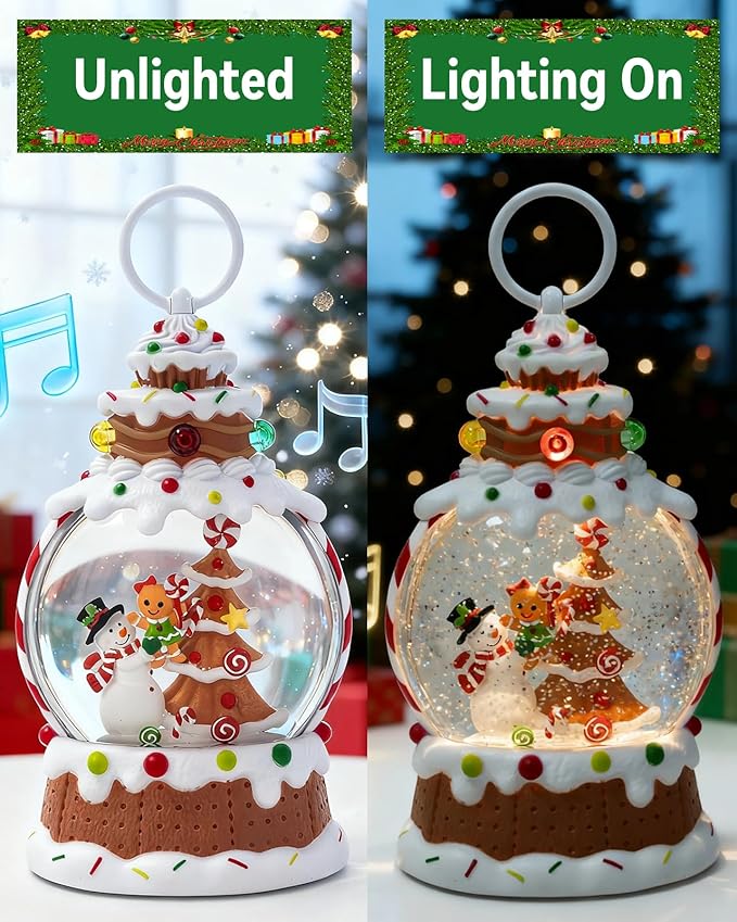Gingerbread Snowman Christmas Tree Snow Globe - Lighted Gingerbread Snow Globe with Swirling Glitter and LED Lights, Hand Painted Christmas Decoration Playing 8 Holiday Songs, Xmas Gift for Adults