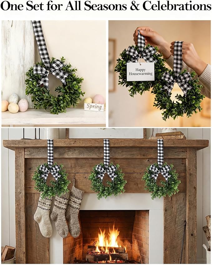 6 Pcs 9" Mini Eucalyptus Wreaths for Kitchen Cabinets, Small Farmhouse Greenery Wreath with Buffalo Check Bow, Realistic Boxwood Leaf Window Indoor Outdoor Decor, UV Protected