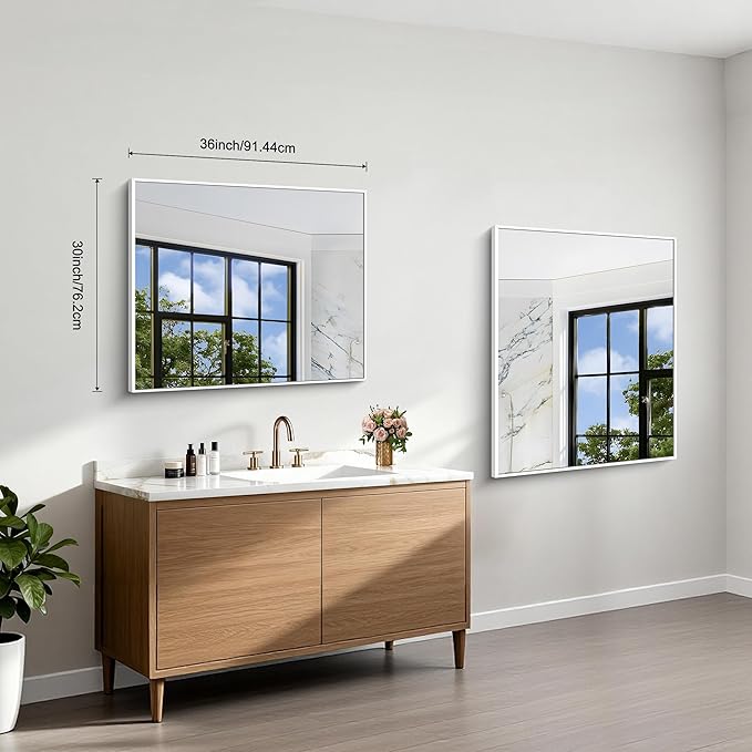BONEWEI White Bathroom Mirror,30x36 inch Wall Mirror for Bathroom Wall Mounted,Rectangle Mirror for Bathroom Over Sink,Modern Metal Frame for Living Room,Bedroom Entryway,Horizontal/Vertical