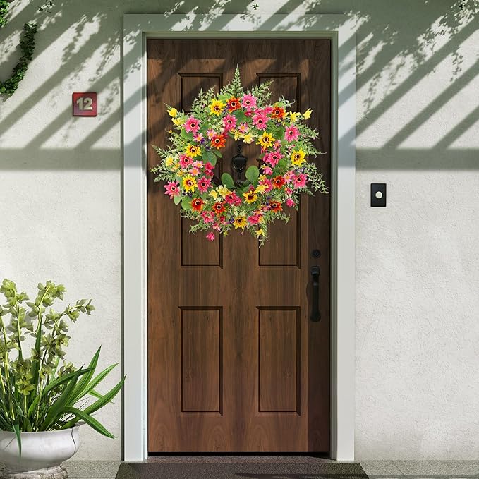 Spring Summer Wreaths for Front Door,22 Inch Artificial Spring Summer Daisy Wreath with Wildflowers,Eucalyptus Leaves for Indoor Outdoor Wall Porch Festival Farmhouse Home Holiday Decor.