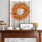 Sggvecsy Fall Wreath 24'' Autumn Harvest Daisy Wreath with Orange Eucalyptus Foam Leaves Grain Daisies Berries for Outside Indoor Home Wall Festival Thanksgiving Decor