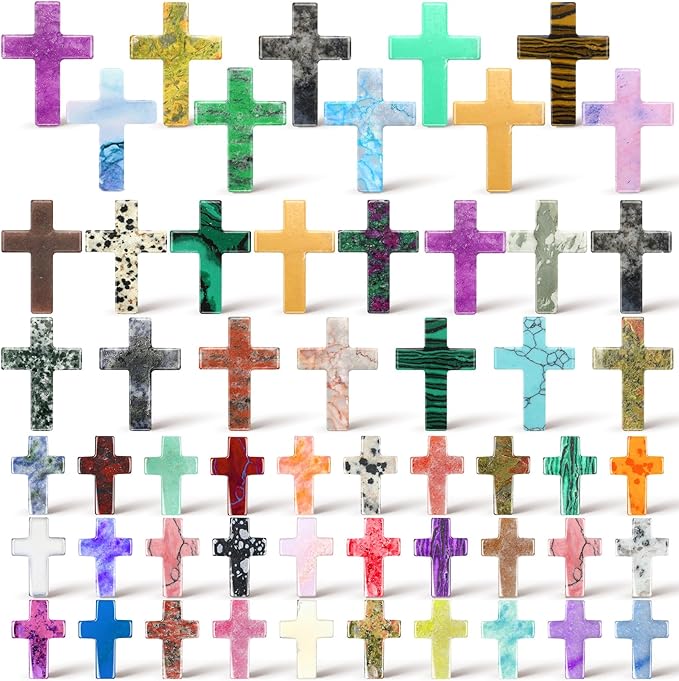 Nuenen 50 Pcs Cross Charm for Women Man Celebration Grad Decor Crystal Pocket Cross Necklace Natural Worry Stone Gift for Jewelry Making Craft Festival Decor(3 Sizes,Classic)