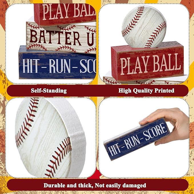 Yuntau 4 Pcs Baseball Decorations Sports Wooden Sign Baseball Centerpieces for Tables Tiered Tray Decor Decorative Mini Faux Book Stack Block for Bedroom Boys Room Mantel Shelf Senior Night Gifts