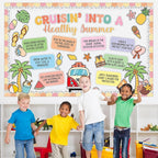 Retro Summer Beach Bulletin Board Set Groovy Hawaii Beach Classroom Decorations Cruisin' Into A Healthy Summer Tropical Classroom Paper Cutouts for Back to School Chalkboard Wall Teacher Supplies