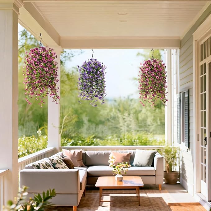 Artificial Hanging Flowers for Outdoors, 2 Pcs Fake Hanging Flowers Spring Summer Decor, UV Resistant Faux Artificial Outdoor Plants for Planter Front Door Porch Patio Garden Yard(Gradient Purple Red)