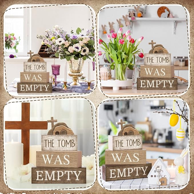 Lineshading 4 Pcs Easter Table Decorations Empty Tomb Wooden Block Sign Resurrection Scene Christian Decor with Cross, Vintage Religious Centerpieces for Easter, Home, Church, Faith Gift for Believers