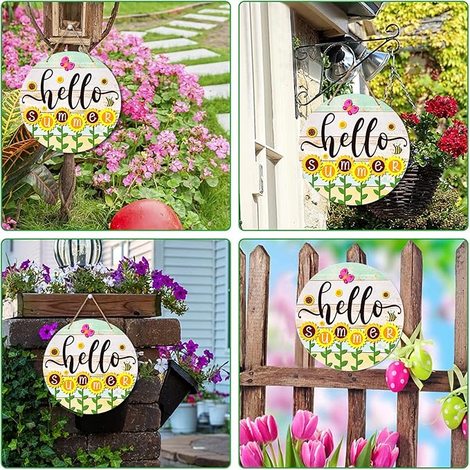 PETCEE Hello Summer Door Sign - 11.5"Farmhouse Sunflower Front Door Decor Welcome Hanger Wreaths for Home Office Summer Hanging Sign Wall Decorations Reusable Seasonal Sign for Kitchen Classroom Porch