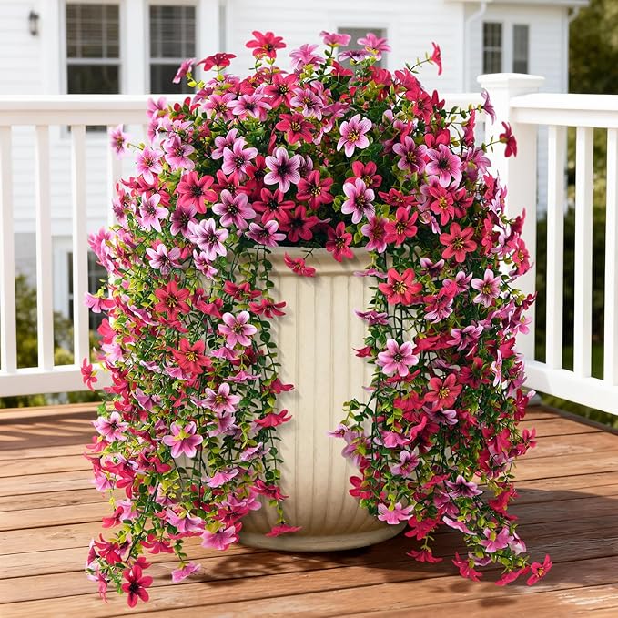 Artificial Hanging Flowers Plants for Outdoor Spring Summer Decoration, 2PCS Faux Silk Daisy UV Resistant Look Real for Outside Home Indoor Planter Porch Garden Yard Decor(Rose Red Pink)