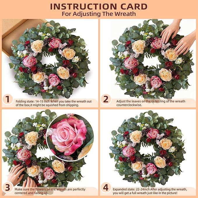 WANNA-CUL 24 Inch Spring Wreaths for Front Door,Spring Mothers Day Wreath Gifts Decorations with Pink,Champagne, Burgundy Rose and Eucalyptus Leaves for Valentines Day,Wedding or Indoor&Outdoor Decor