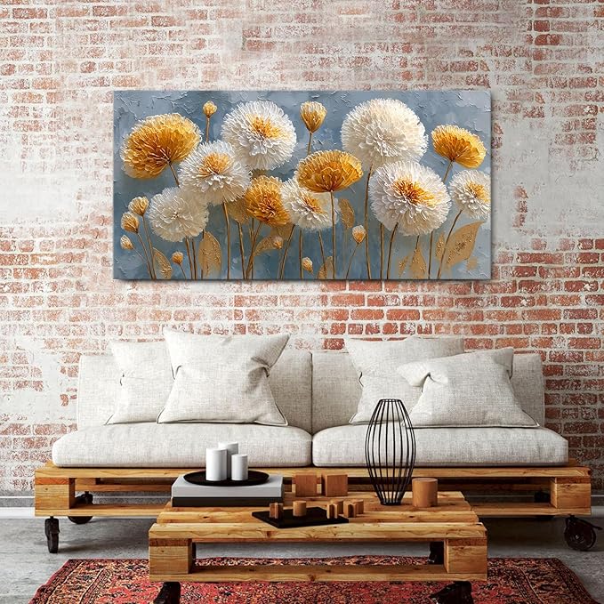 Abstract White Flower Wall Art Golden Floral Pictures Wall Decor Neutral Flowers Canvas Painting Boho Blossom Posters Print Nature Botanical Artwork Bedroom Living Room Home Decoration 29.53x57.87