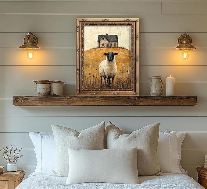 Vintage Gold Framed Wall Art Retro Country Sheep Oil Painting Canvas Prints Farmhouse Landscape Picture Wall Decor Rustic Farmhouse Animal Poster Artwork for Living Room Bedroom Bathroom, 16x24in