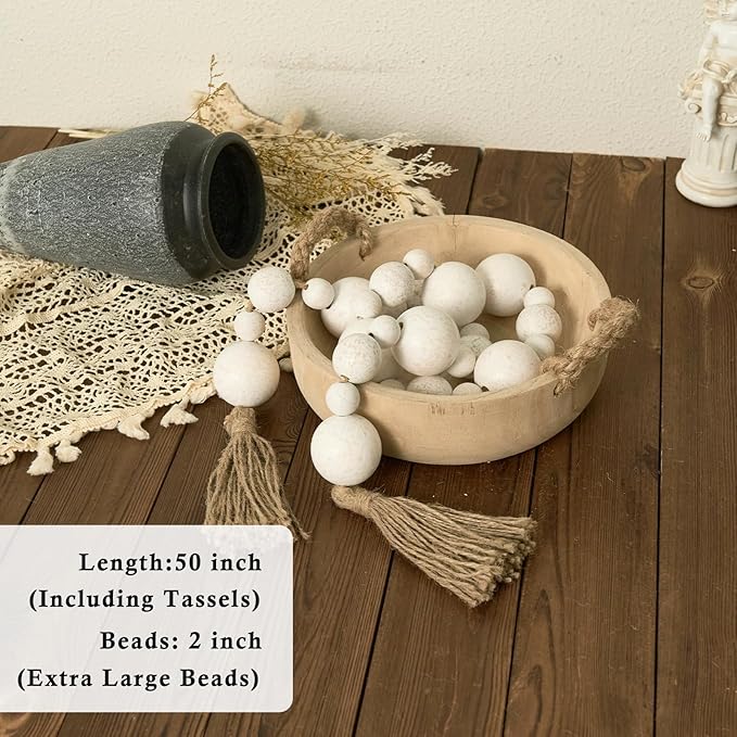 2" Extra Large Wood Bead Garland with Tassels, 50" Long Rustic Farmhouse Wooden Beads Garland, Decorative Beads Boho Decorations for Home Table Mantle White