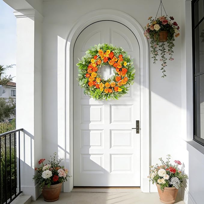 24 Inch Summer Wreaths for Front Door with Carnations, Daisies and Eucalyptus - Artificial Spring Summer Front Door Wreath for Farmhouse, Porch, Window, Wedding, Celebration, Indoor Outdoor Home Decor