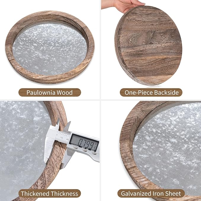 Hanobe Round Wood Decorative Tray: Rustic Wooden Tray for Coffee Table Farmhouse Centerpiece Mirror Candle Holder Vintage Mirrored Bar Plate Ottoman Topper for Home Decor Bathroom Kitchen