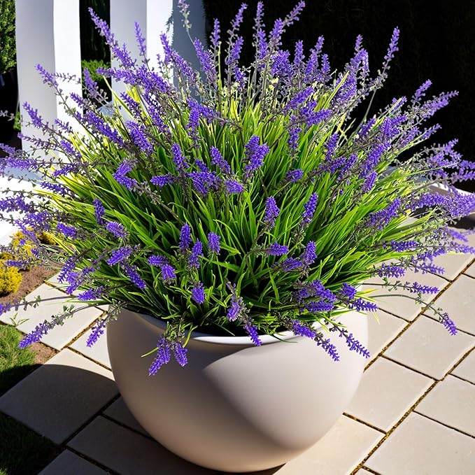 Artificial Faux Plants Flowers for Outdoor Decorations, Fake Monkey Grass for Outside Porch Patio, No Fade Realistic Greenery Plant, UV Resistant Artificial Shrubs for Courtyard Window Garden