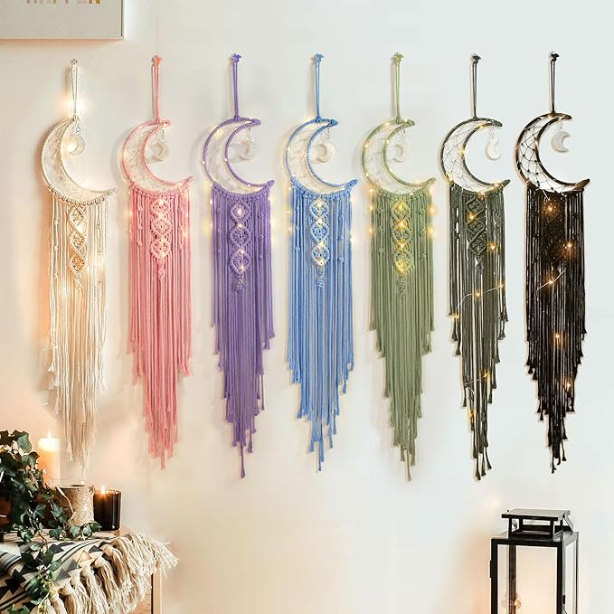ANORYE Boho Macrame Woven Wall Hanging for Girl, Crochet Crescent Moon Star Dream Catcher with Light, Pink Cotton Handmade Bohemian Home Decor Decoration for Kids Nursery Bedroom Dorm Room
