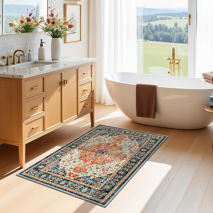 U'Artlines 2x3 Washable Boho Area Rug, Small Non Slip Vintage Doormat for Indoor Front Door Ultra Thin Mat Carpet for Entryway Kitchen Bathroom Bedroom Orange/Multi