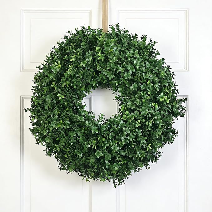24 Inch Artificial Boxwood Wreath for Front Door – Lush Green Leaf Wreath for All Seasons, Faux Boxwood Door Decor for Farmhouse, Porch, Wall, and Indoor Outdoor Home Decoration (1, 24 Inch)