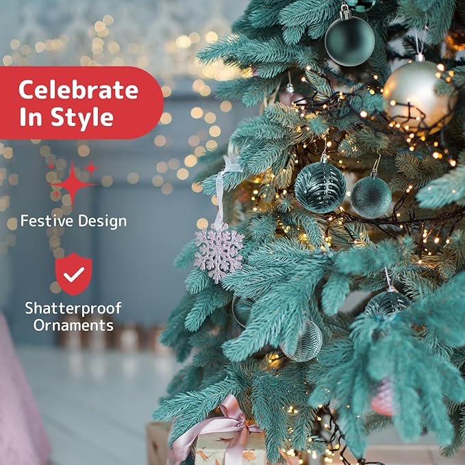 Prextex 36-Pieces Christmas Ornaments Set - Shatterproof, Festive Olive Green Christmas Tree Balls Decorations in 3 Sizes and 6 Styles with Hanging Loops for Tree, Wreath, Dazzling Holiday Party Decor