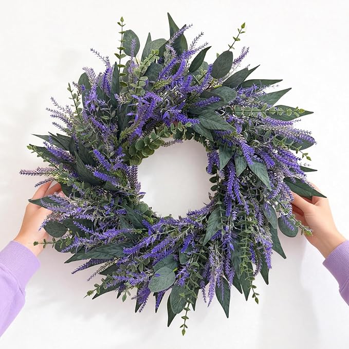 26 Inch Lavender Eucalyptus Wreaths for Front Door, Spring Summer Wreath,Large Eucalyptus Outdoor Wreath with Greenery Leaves for Porch,Wall,Holiday,Home Decor- Spring, Summer, Fall, All Seasons