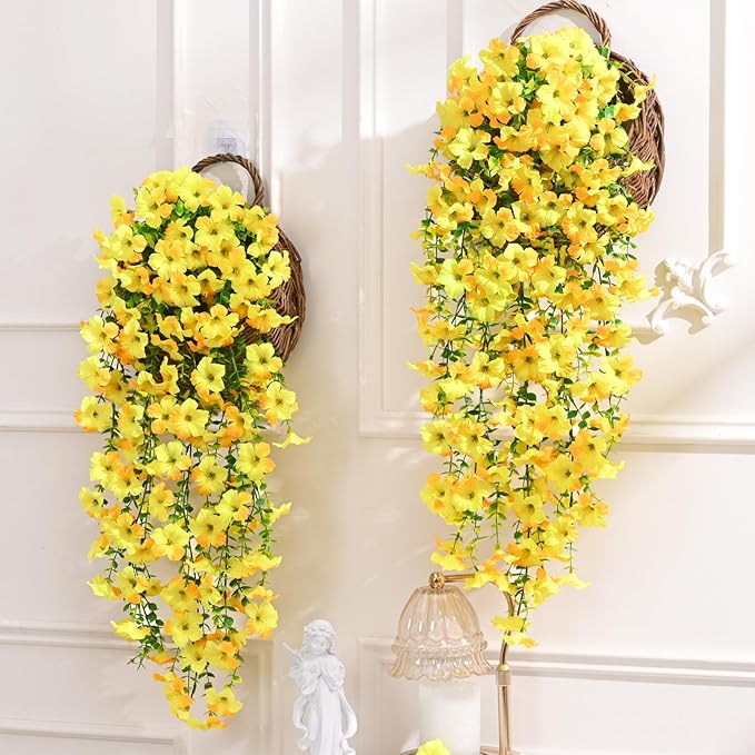 Waipfaru Artificial Petunias Flowers for Outdoors, 2 Pcs UV Resistant Fake Hanging Plants Spring Outside Decor, Faux Silk Flowers Long Trailing Vines for Outdoor Planters Porch Garden (Yellow)