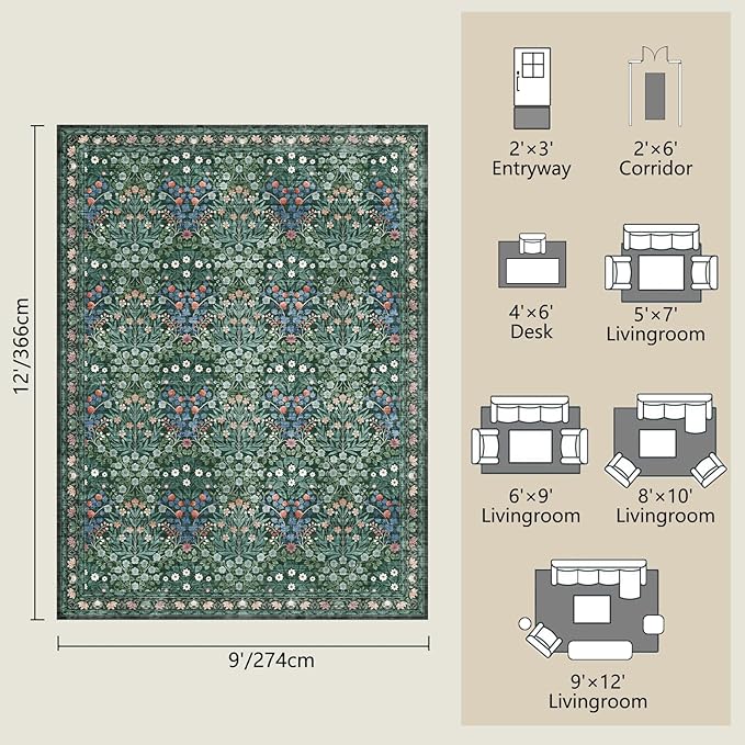 Washable Dark Green Rug for Living Room, 9x12 Large Area Rug for Dining Room, Bedroom, Soft, Low Pile, Non-Slip & Stain Resistant - Vintage Floral Design Carpet