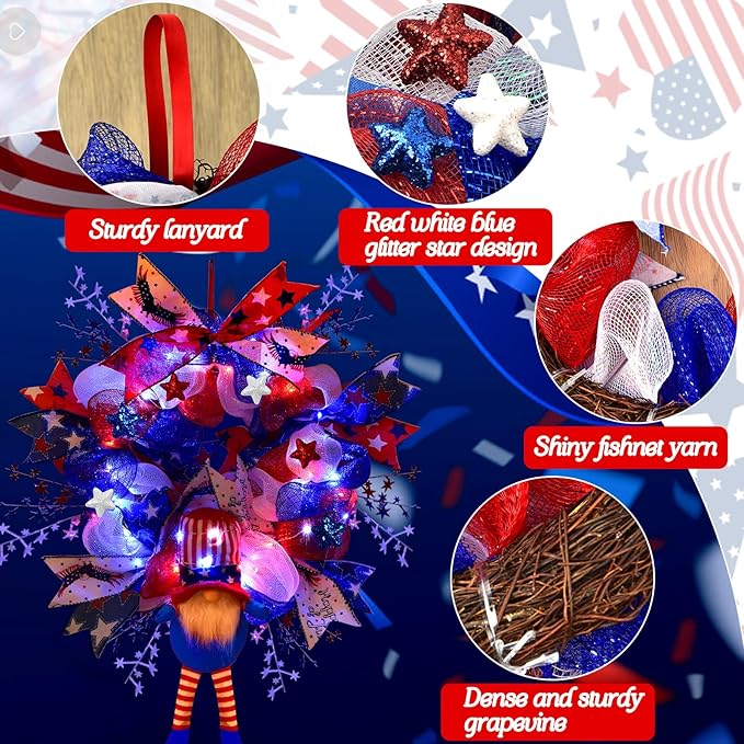 Lighted Up 4th of July Wreaths with Bow, Red White and Blue Mesh Artificial Wreath, American Flag Patriotic Gnome Wreath Decor for Independence Day Front Door Farmhouse Home Wall