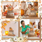 Lineshading 4 Pcs Fall Pumpkin Decor Fall Table Decoration Thanksgiving Tiered Tray Decor Thanksgiving Centerpiece Rustic Decorative Pumpkin Block Signs Farmhouse Harvest Decoration for Home Kitchen