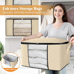Fab totes 6 Pack Clothes Storage, Foldable Thick Fabric Blanket Storage Bags, Containers for Organizing Bedroom, Closet, Clothing, Comforter, Organization with Handle,Beige