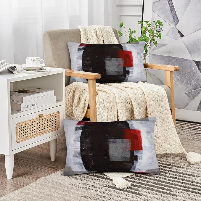 Red and Grey Abstract Art Pillow Cover, Modern Black White Decorative Throw Pillows Cushion Cover for Bedroom Sofa Living Room 12 x 20 Inch Set of 2