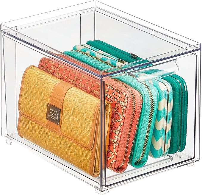 mDesign Shoe Storage Box with Drawer – Sturdy Plastic Storage Box for Shoes – Stackable Drawer Box for Shoes, Accessories and More – Pack of 4 – Clear