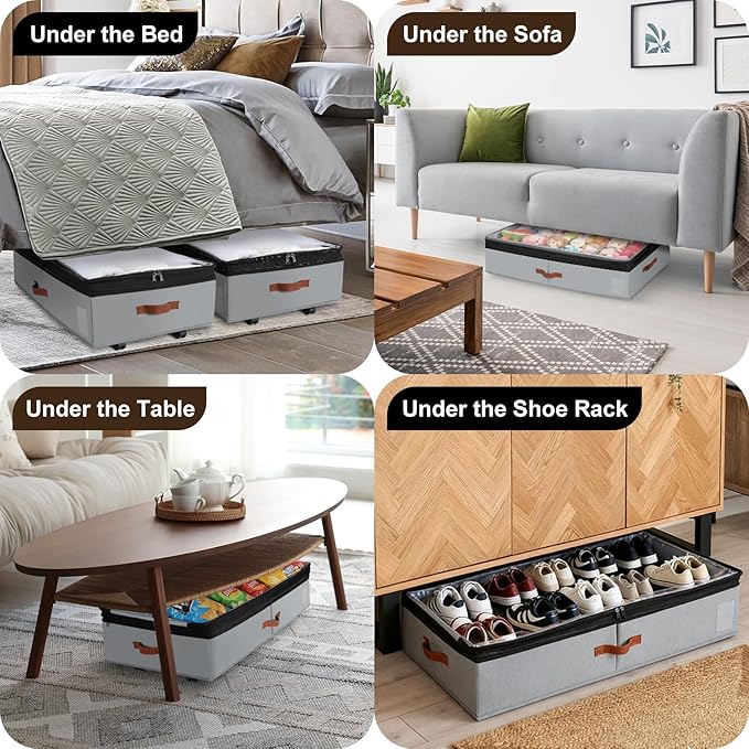 2 Pack Under Bed Storage with Wheels, Adjustable-Height Rolling Storage Containers with Clear Lids, 76L XXL Durable Underbed Organizer Bins for Clothes, Shoes, Blankets, Bedroom, Dorm, Closet - Gray