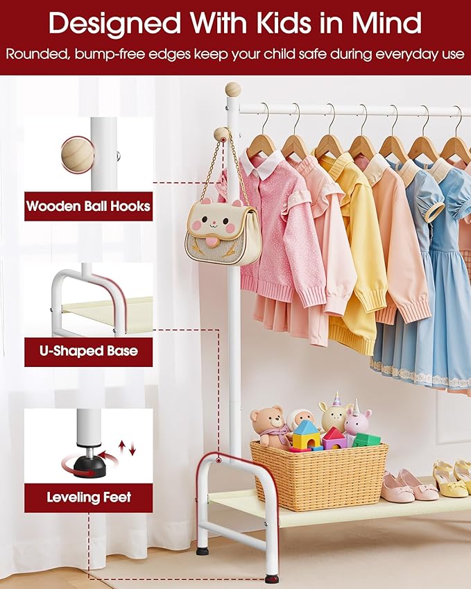 Clothes Rack - Sturdy Metal Kids Clothing Rack with Bottom Storage Shelf & Adjustable Feet, Dress Up Storage for Toddler's Bedrooms, Nurseries, Playrooms, 31" x 12.5" x 47.8", White
