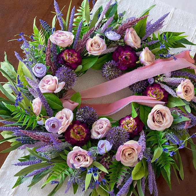 Spring Wreaths for Front Door 24 Inch Luxury Lavender Summer Wreath with Pink Ribbon,Artificial Peony & Rose Spring Door Wreath for Farmhouse Home Wall Porch Window Seasonal Display