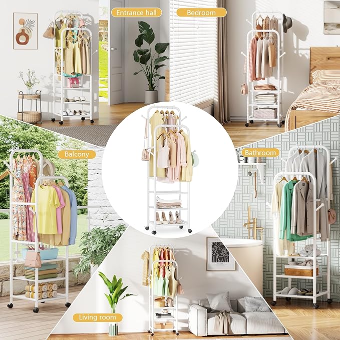 Furologee Portable Clothes Rack for Hanging Clothes, Rolling Clothing Rack With 3-Tier Shelves, Small Garment Rack with Wheels for Bedroom Living Room Laundry Room, White