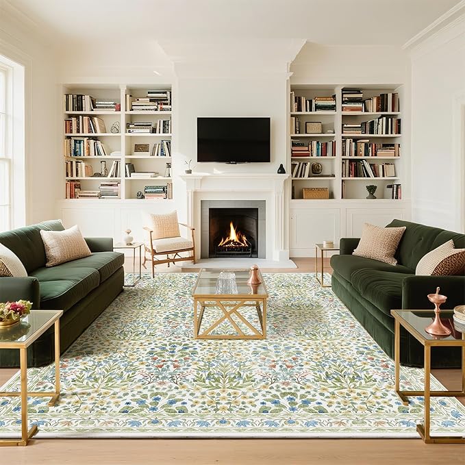 Washable 9x12 Area Rug - Light Green Vintage Floral for Living Room, Dining Room Under Table & Bedroom - Soft Low Pile, Non-Slip & Stain Resistan