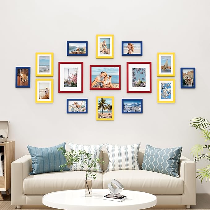 Vittanly 15 Pack Picture Frames Collage Wall Decor, Multi Sizes Including 3pcs 8x10, 6pcs 5x7 and 6pcs 4x6 Photo Frames, Gallery Frame Set for Wall or Tabletop Display, Red, Yellow and Blue