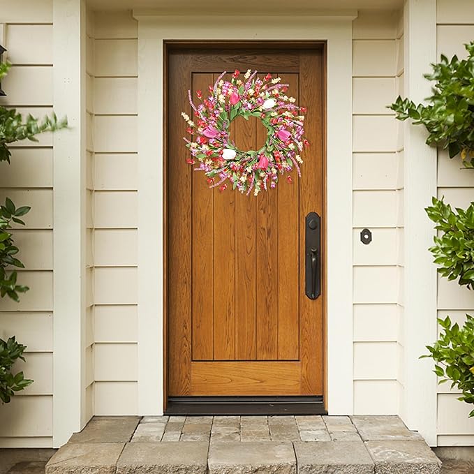 Sggvecsy Spring Summer Wreath for Front Door 22 Inch Artificial Colorful Flower Wreath with Colorful Tulips Greenery Leaves Lavender for All Seasons Home Farmhouse Indoor Outdoor Wall Decor (Mixed)