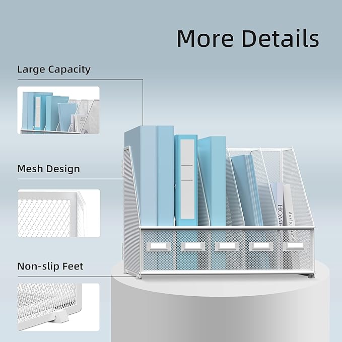 SUPEASY Desk Organizers Metal Desk Magazine File Holder with 5 Vertical Compartments Rack File Organizer for Office Desktop, Classroom, Home Workspace, White