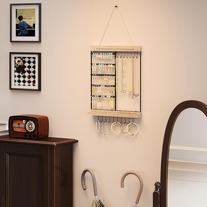 Hanging Jewelry Organizer, 5-Tier Wall Earring Holder with Wooden Ring Groove, Jewelry Rack Wall Mounted for Earrings, Necklaces, Bracelets and Rings, Jewelry Holder Stand, Black