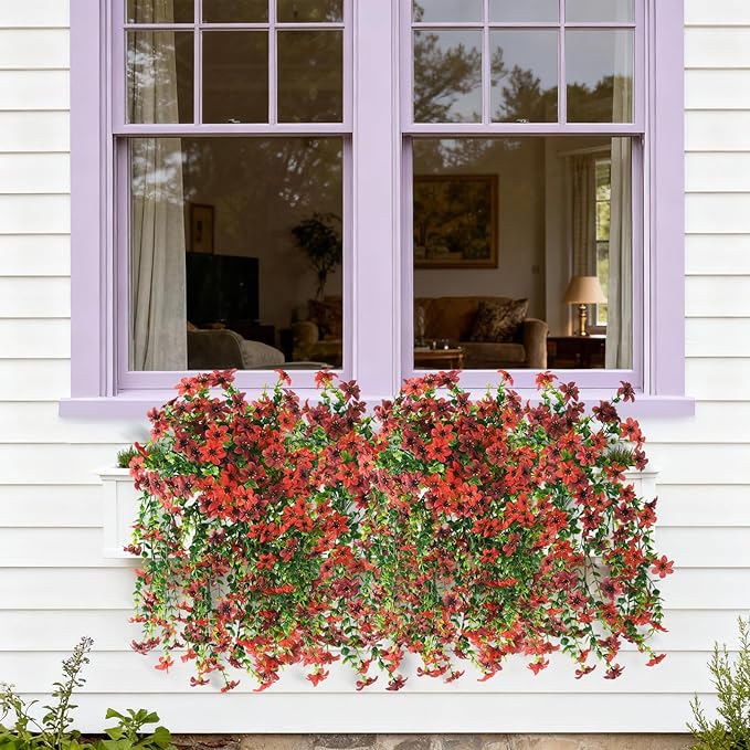 Artificial Hanging Flowers for Outdoors, 2 Pcs Fake Hanging Plant Spring Summer Decoration, UV Resistant No Fade Faux Flower for Porch Patio Yard Window Home Decor(Red Brown)