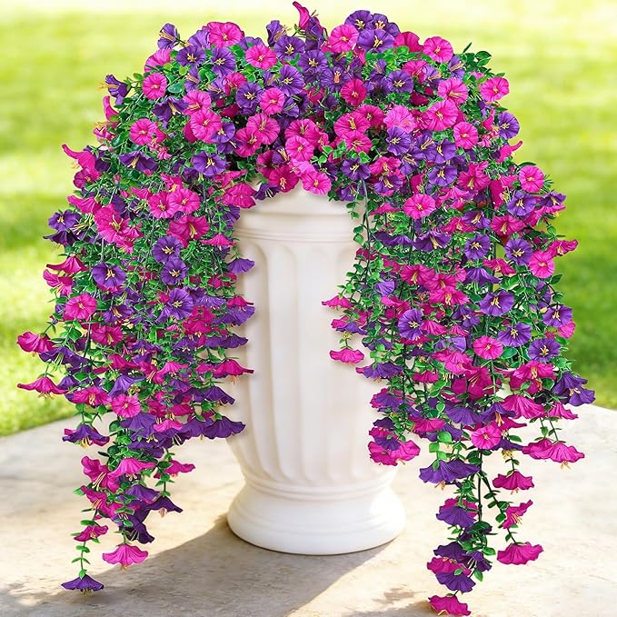Artificial Hanging Flowers for Outdoors, 6 PCS Silk Morning Glory Artificial Flowers with Eucalyptus Leaves, UV Resistant Fake Flower Realistic Faux Plants for Home Patio Porch Garden, Purple+Fuchsia