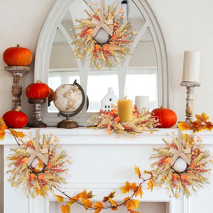 6 Pcs 9 inch Fall Wreaths Thanksgiving Artificial Swag Wreaths Autumn Hanging Wreath Harvest Candle Rings for Cabinets Farmhouse with Ribbon for Front Door Porch Wall Window Decoration