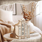 Lineshading 4 Pcs Christian Table Decor Wooden Book Stack Decor with God All Things are Possible Farmhouse Centerpiece with Beaded Garland Tassel Christian Home Decorations for Office, Shelf, Gift